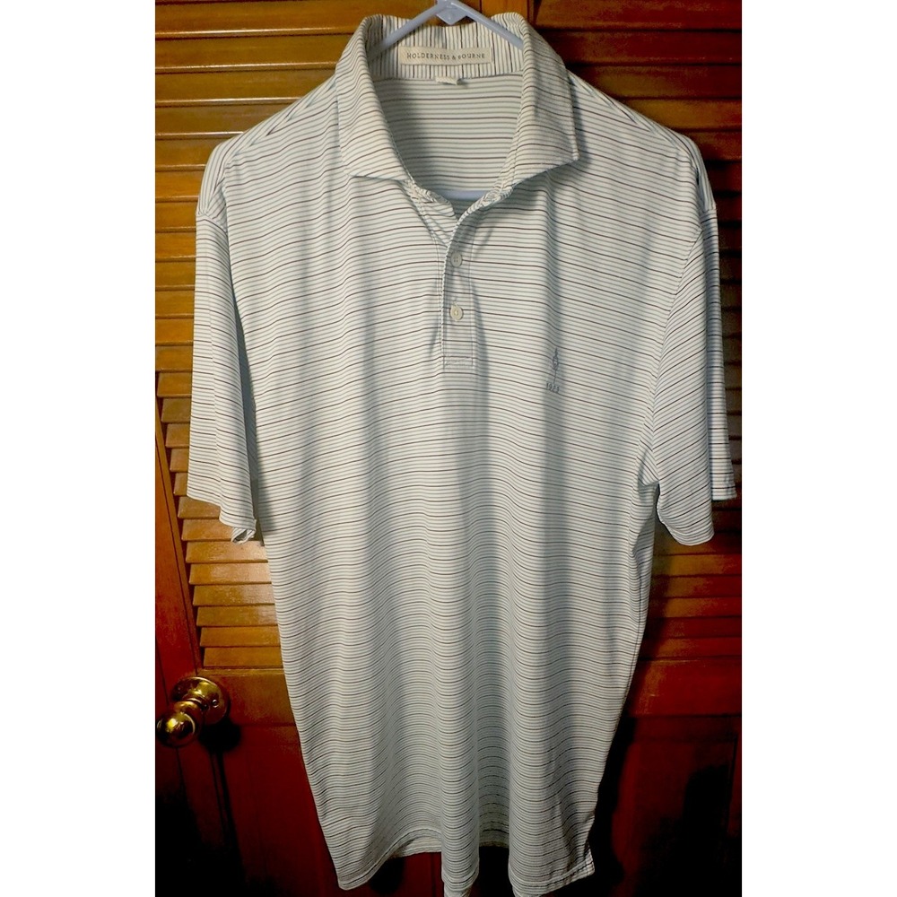Holderness & Bourne‎ Men's Polo Shirt L Tailored Fit Blue White Stripe Golf Logo